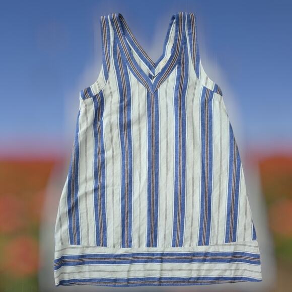 Loft Linen Blend Double V Dress Women's Small White Blue Stripe A Line - Picture 5 of 5